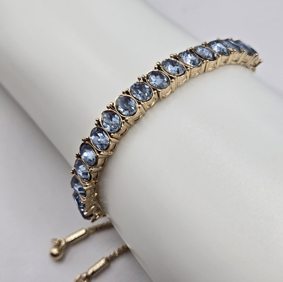 Swarovski Elements Gold Aquamarine Blue Slide Bracelet Made w Swarovski Crystals - Picture 2 of 5
